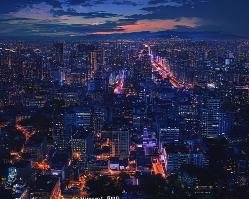 东亚城市夜景俯瞰图，霓虹灯光映照下的都市街道，象征援助交配现象起源的日本都市文化背景，冷暖色调对比鲜明